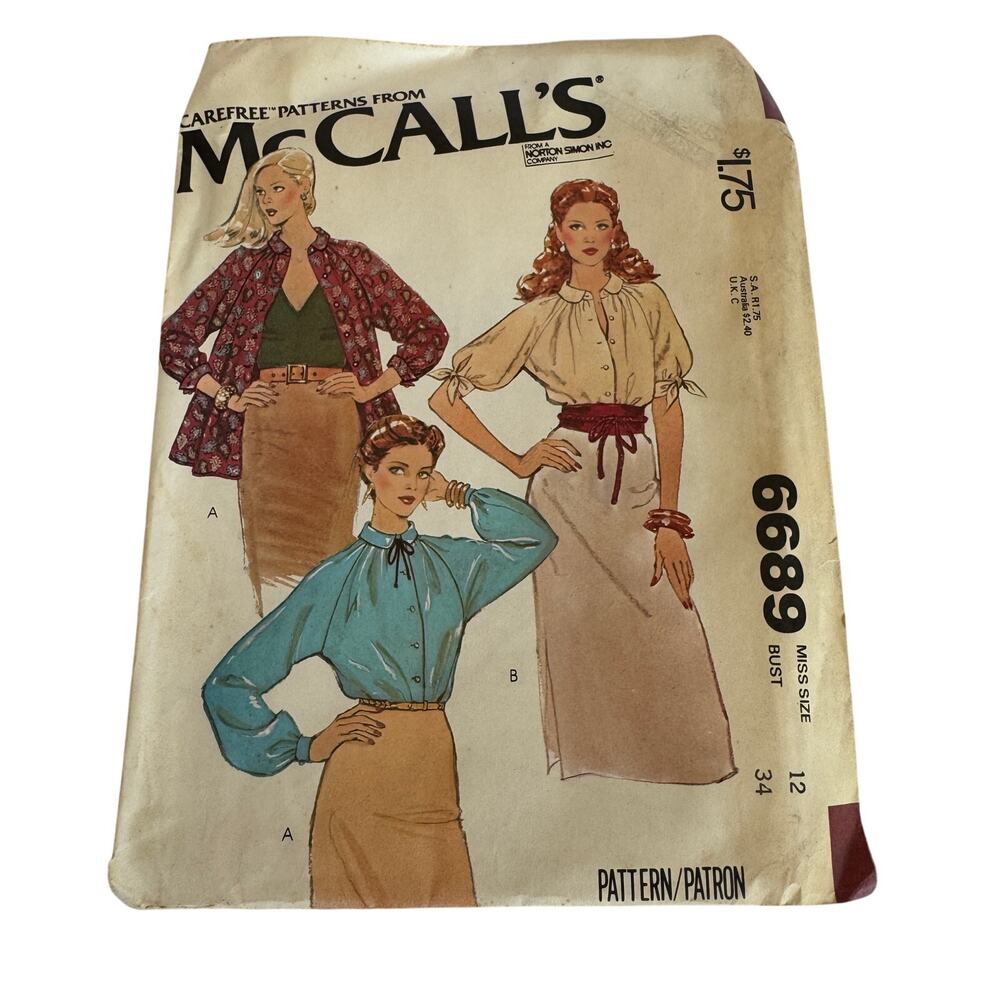 McCall's 6689 Sewing Pattern Blouse Top Size 12 Miss Bust 34 c.1979